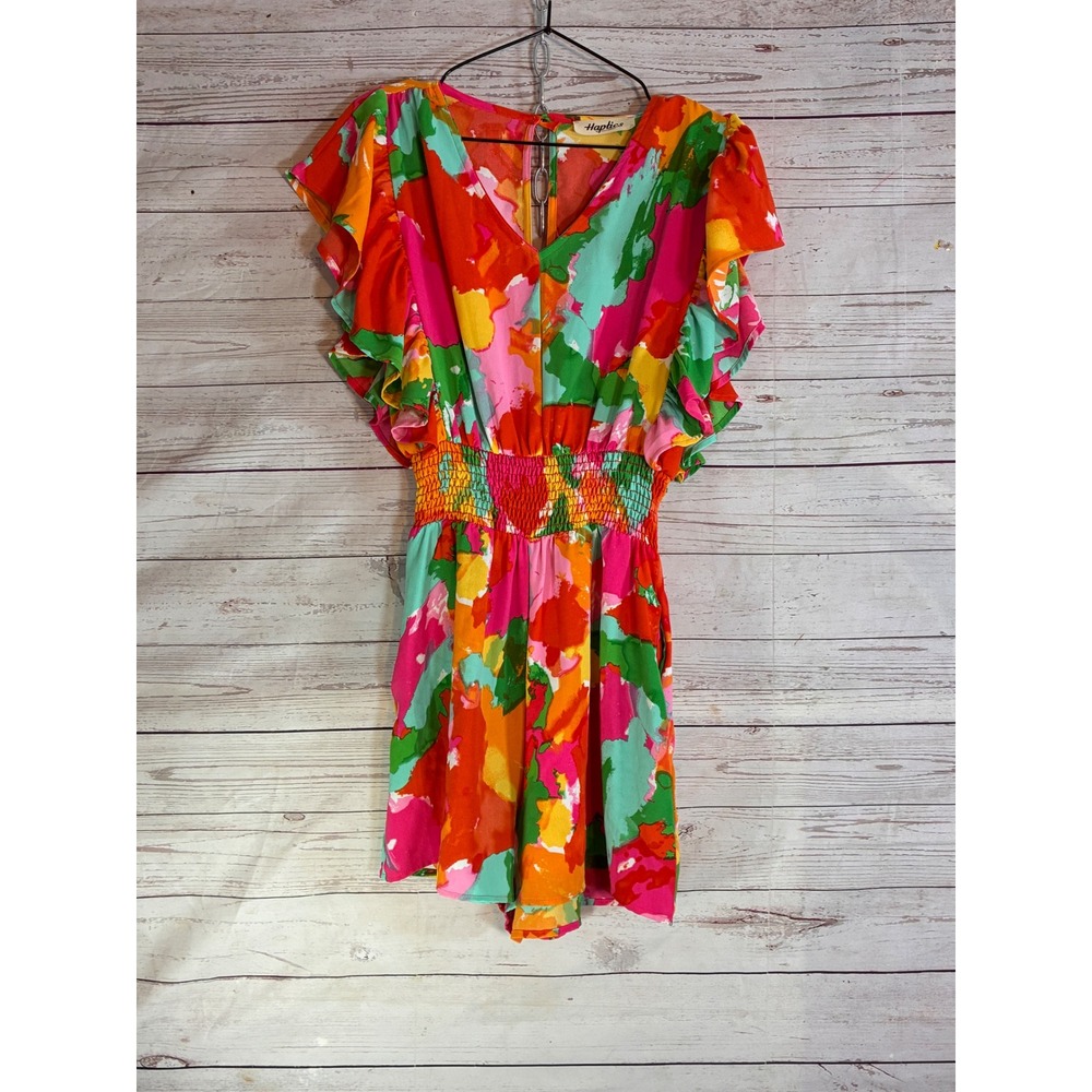 Haptics Summer Romper Retro Abstract Flutter Sleeve Smocked - Small Multicolor - Picture 9 of 11
